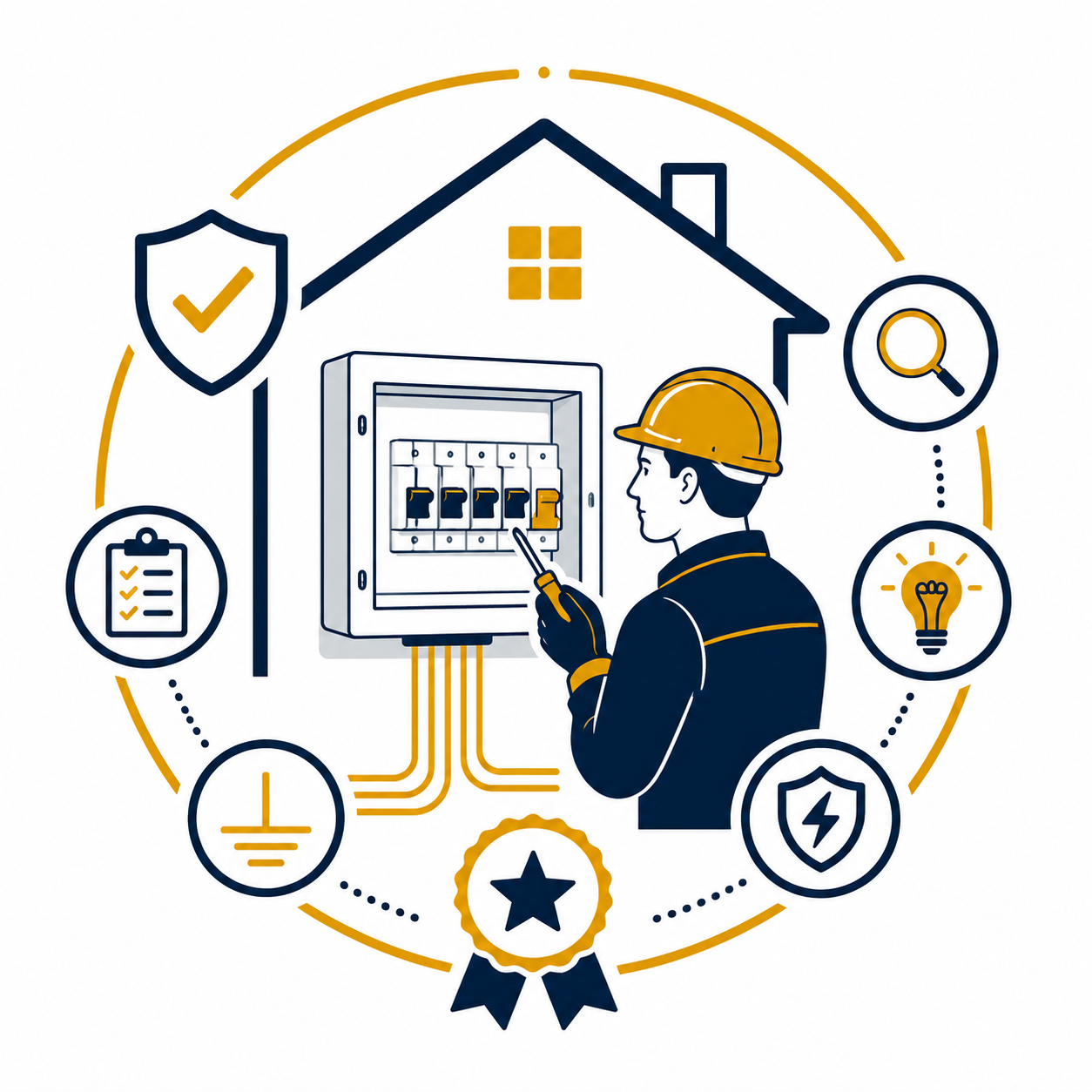 Electrical Safety Testing in Manchester illustration showing a qualified electrician inspecting a consumer unit with electrical safety, inspection, grounding, and certification symbols, representing safe, BS 7671-compliant electrical testing and inspections.