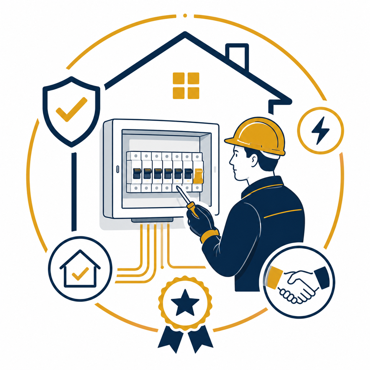 Consumer Unit Upgrade in Manchester illustration showing a qualified electrician inspecting a modern consumer unit inside a house with safety shield, certification badge, and handshake symbols representing safe, BS 7671-compliant electrical installations.