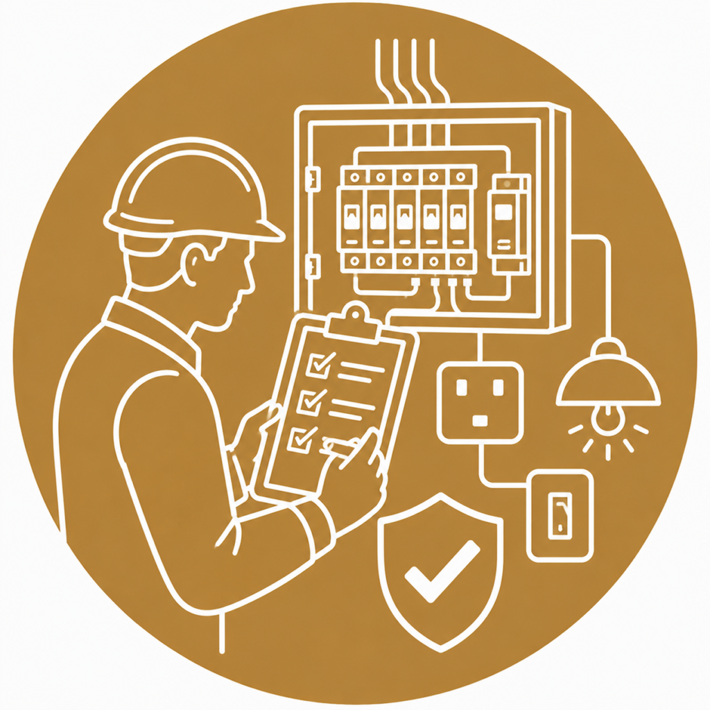 Electrical Inspection Reports icon showing a qualified electrician completing an electrical inspection checklist beside a modern consumer unit, socket, switch, lighting, and safety shield in a minimalist white line vector design on a gold circular background with no text.