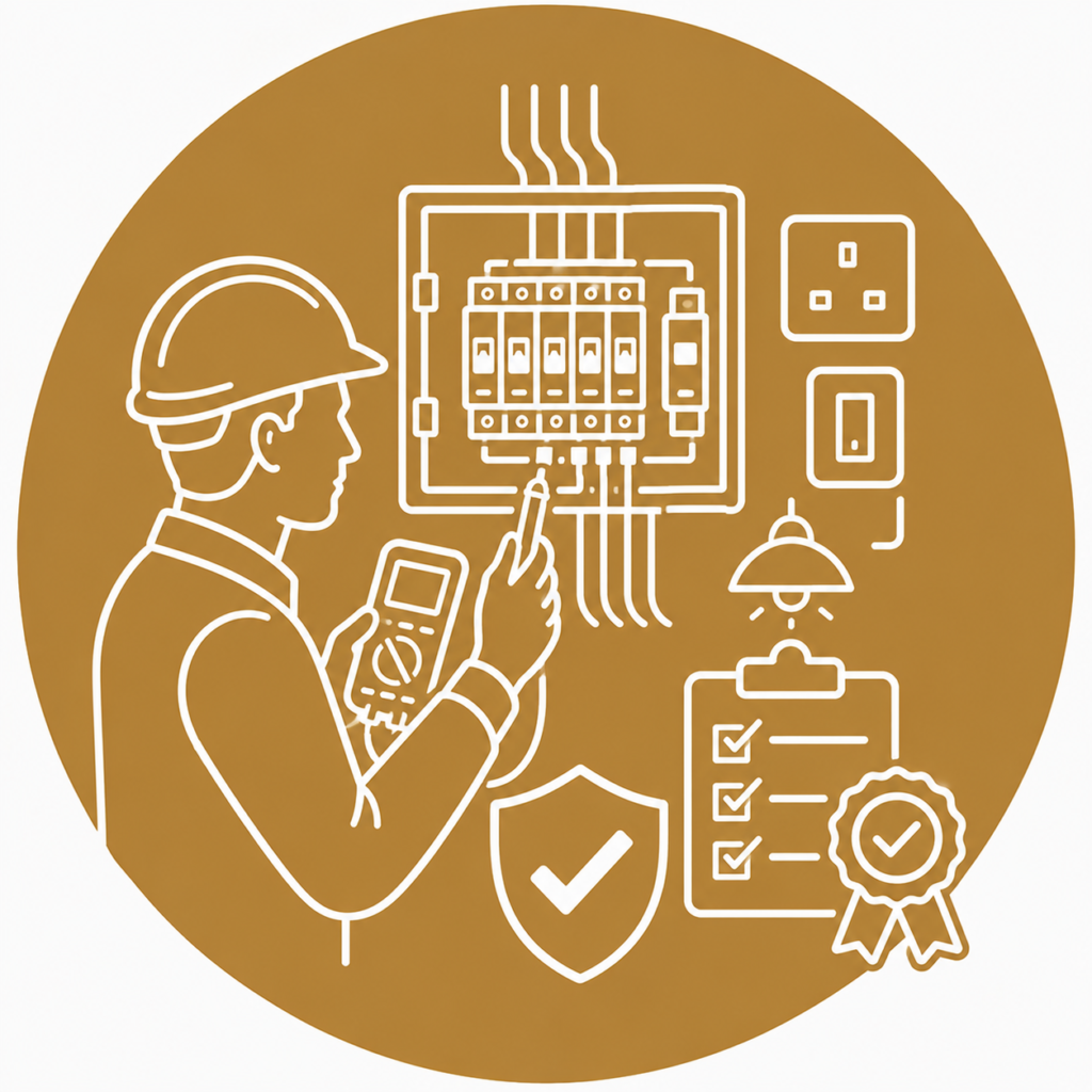 Testing & Certification icon showing a qualified electrician using a multimeter to test a modern consumer unit, alongside an inspection checklist, certification seal, safety shield, socket, switch, and lighting in a minimalist white line vector design on a gold circular background with no text.