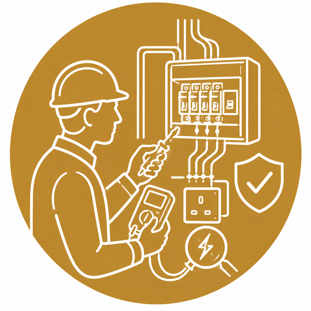 Electrical Fault Finding icon showing a qualified electrician using a multimeter to diagnose faults in a consumer unit with electrical wiring, socket, magnifying glass, lightning symbol, and safety shield in a minimalist white line vector design on a gold circular background with no text.