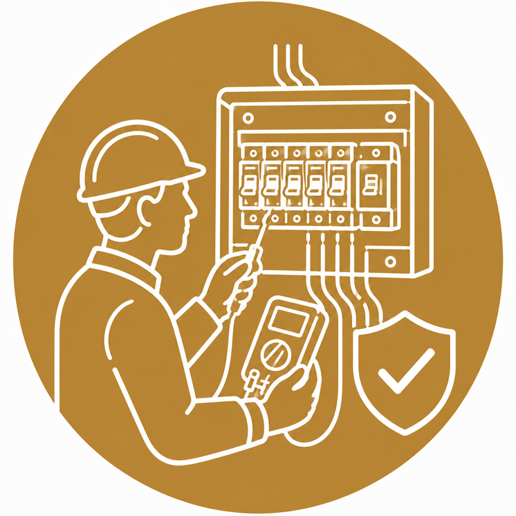 Consumer Unit Testing icon showing a qualified electrician using a multimeter to test a modern consumer unit with circuit breakers, electrical wiring, and a safety shield in a minimalist white line vector design on a gold circular background with no text.