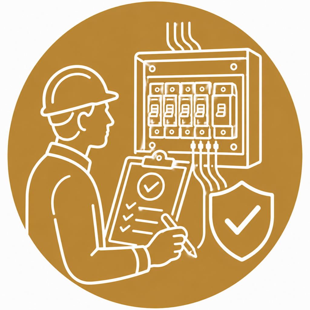 Electrical Certification icon showing a qualified electrician completing an electrical inspection checklist beside a modern consumer unit with circuit breakers, electrical wiring, and a safety shield in a minimalist white line vector design on a gold circular background with no text.