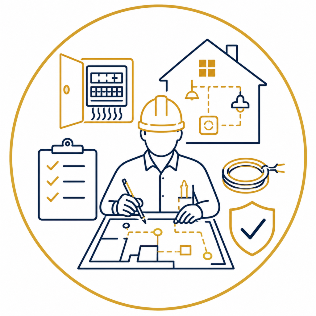 Free Survey and Quote illustration showing a qualified electrician reviewing an electrical floor plan with a house wiring layout, consumer unit, inspection checklist, cable coil, and safety shield in a premium navy and gold vector design on a white background with no text.