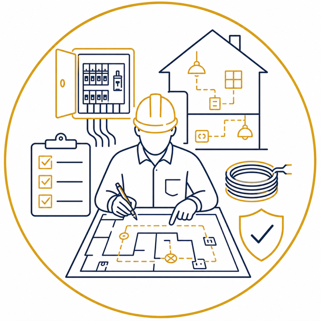 Installation Planning illustration showing a qualified electrician preparing an electrical installation plan with a house wiring layout, consumer unit, inspection checklist, cable coil, and safety shield in a premium navy and gold minimalist vector design on a white background with no text.