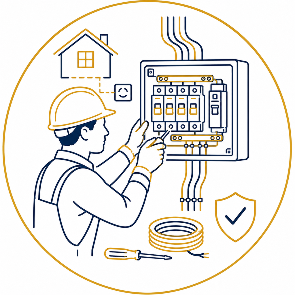 Consumer Unit Installation illustration showing a qualified electrician installing a modern consumer unit with circuit breakers, electrical wiring, house connection, cable coil, screwdriver, and safety shield in a premium navy and gold minimalist vector design on a white background with no text.