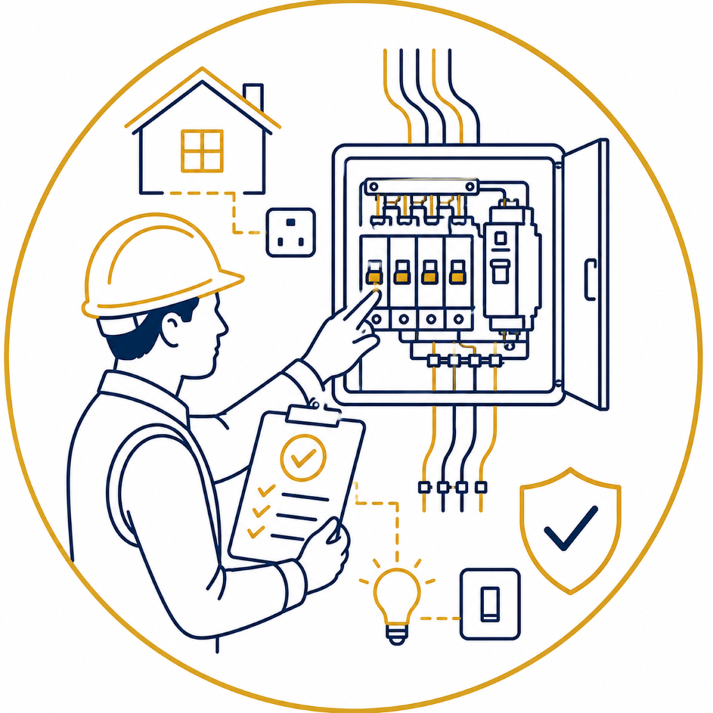 Final Safety Checks illustration showing a qualified electrician completing final electrical safety checks on a modern consumer unit with a safety checklist, house connection, light fitting, switch, and protective shield in a premium navy and gold minimalist vector design on a white background with no text.