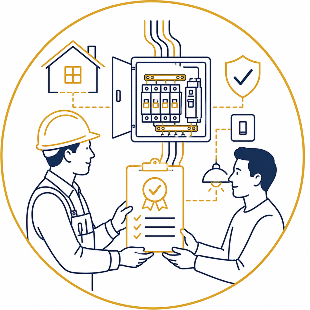 Certification & Handover illustration showing a qualified electrician handing an electrical safety certificate to a homeowner after completing a consumer unit installation, with a modern consumer unit, house connection, safety shield, lighting, and switch in a premium navy and gold minimalist vector design on a white background with no text.