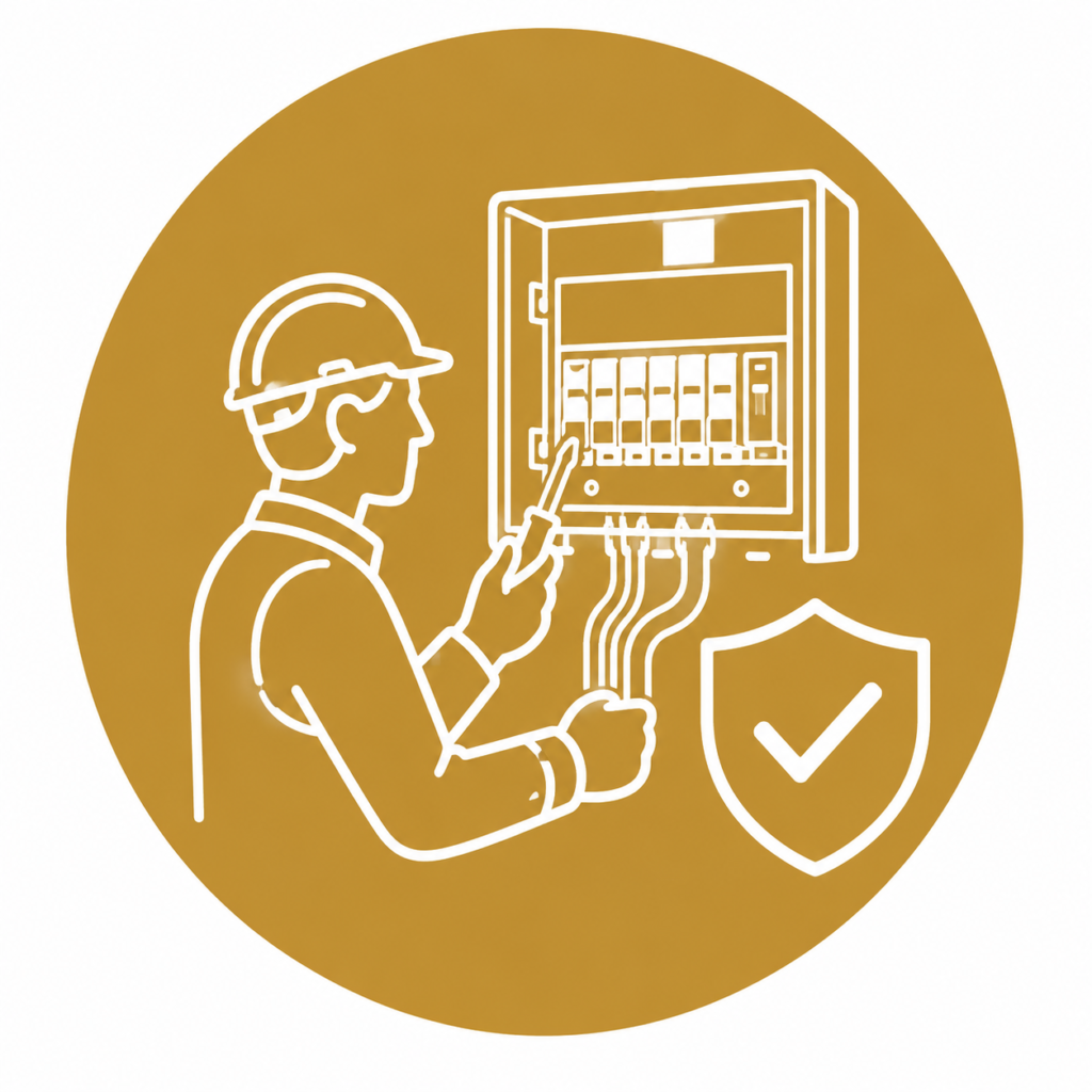 Consumer Unit Replacement icon showing a qualified electrician installing a modern consumer unit with circuit breakers, electrical wiring, and a safety shield with a check mark in a minimalist white line vector design inside a gold circular background with no text.