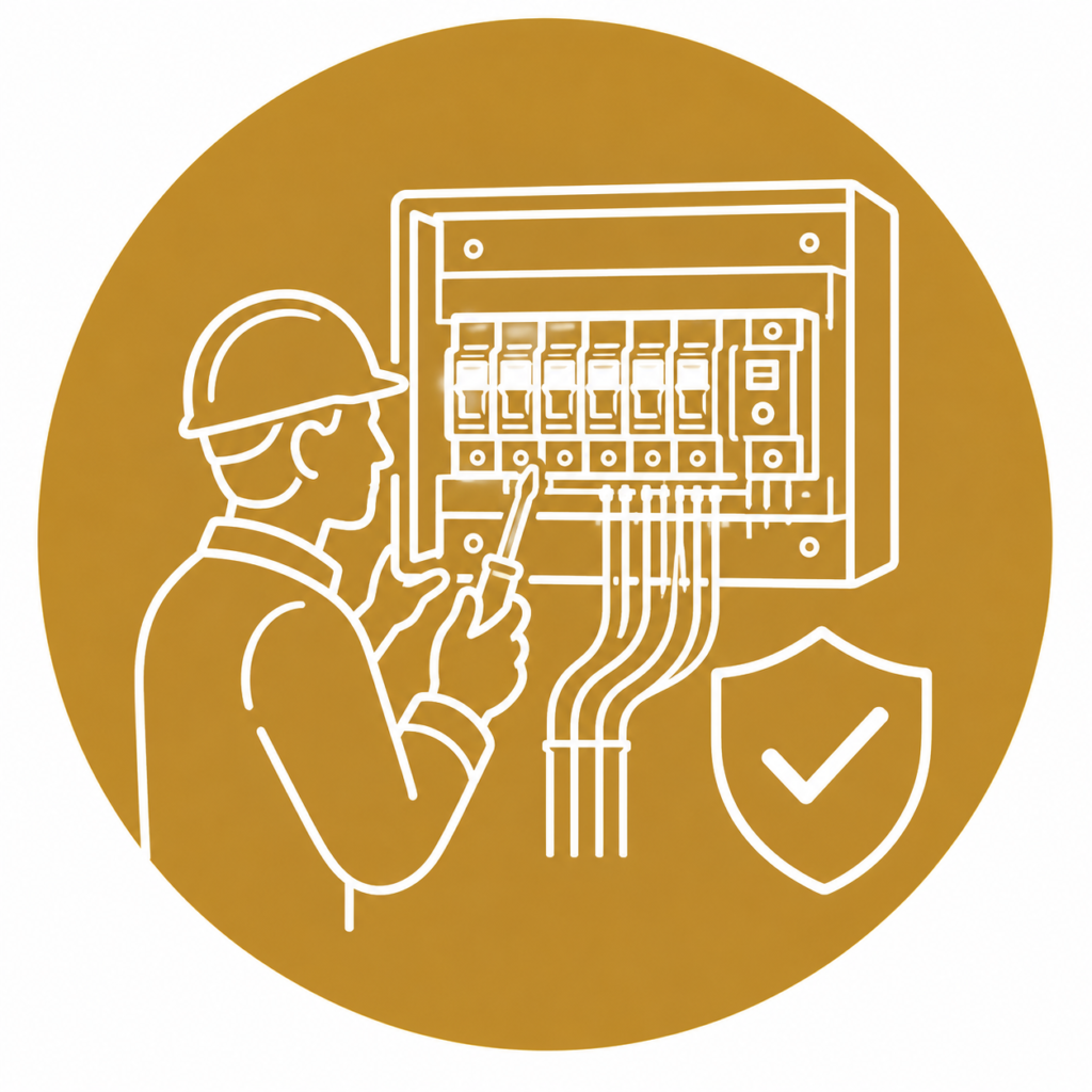 RCBO consumer units icon showing a qualified electrician inspecting a modern consumer unit fitted with individual RCBO circuit breakers, electrical wiring, and a safety shield in a minimalist white line vector design on a gold circular background with no text.