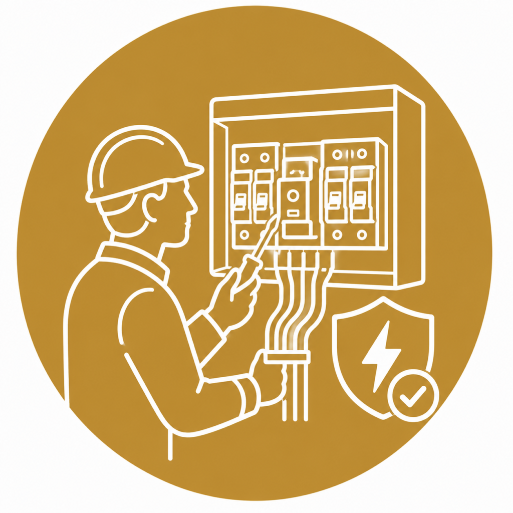 RCD Protection Upgrades icon showing a qualified electrician upgrading a consumer unit with RCD protection devices, electrical wiring, and a safety shield with a lightning symbol in a minimalist white line vector design on a gold circular background with no text.