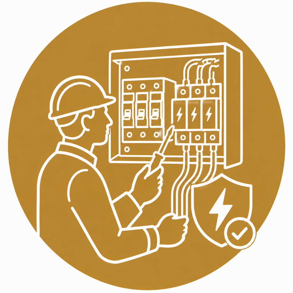 Surge Protection Devices (SPD) icon showing a qualified electrician installing surge protection devices inside a modern consumer unit with electrical wiring, lightning symbols, and a protective shield in a minimalist white line vector design on a gold circular background with no text.
