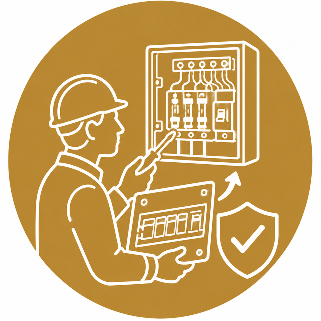 Fuse Board Replacement icon showing a qualified electrician replacing an old fuse board with a modern consumer unit, using a screwdriver, with electrical wiring, replacement arrow, and a safety shield in a minimalist white line vector design on a gold circular background with no text.
