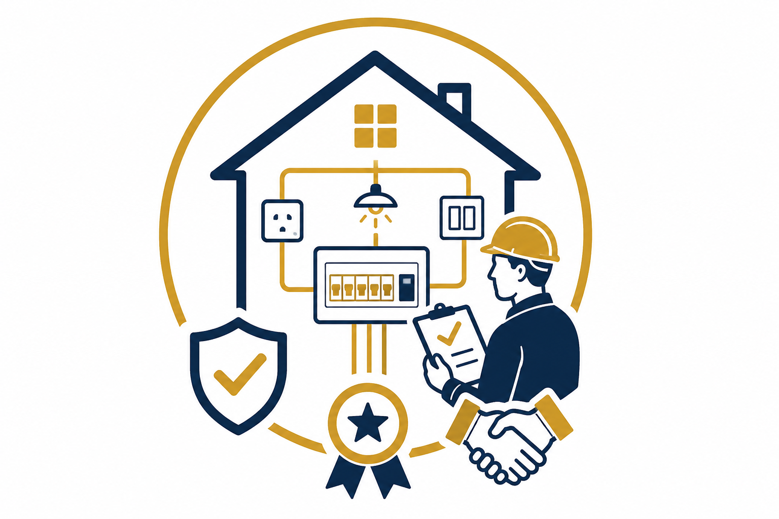 Partial and Full House Rewire Manchester illustration showing a qualified electrician inspecting a modern consumer unit with safety shield and quality assurance symbols, representing safe, BS 7671-compliant house rewiring.