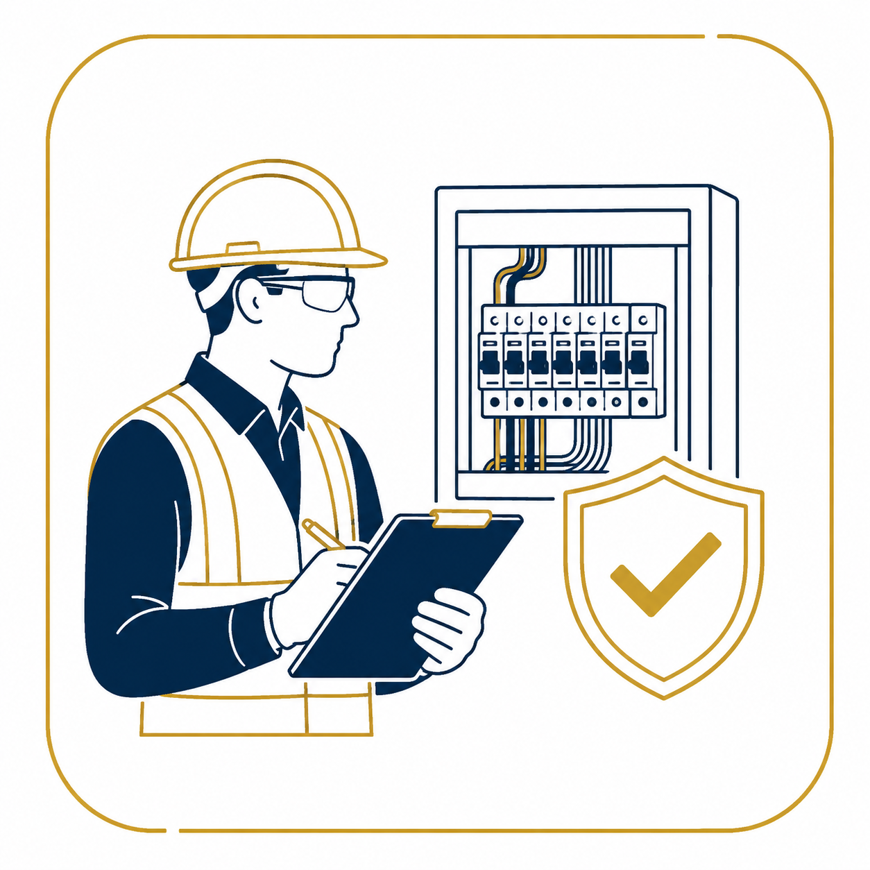 Professional electrician wearing PPE inspecting a consumer unit with a clipboard beside a shield and checkmark, representing approved electrical workmanship in a minimalist navy and gold vector illustration.