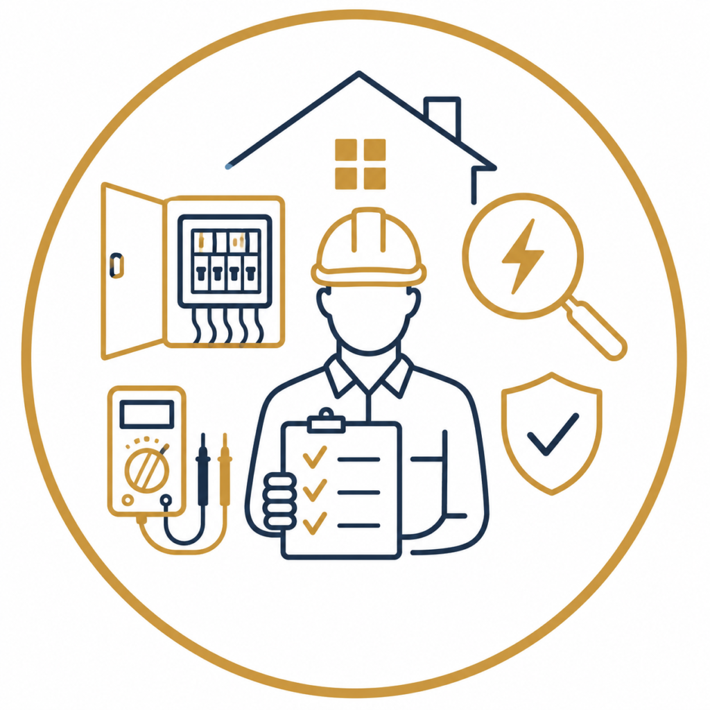 Minimalist vector icon of an electrician carrying out a free home electrical survey and quotation with an inspection checklist, multimeter, consumer unit, house outline, magnifying glass, and safety shield, representing a free survey and quote for house rewiring.