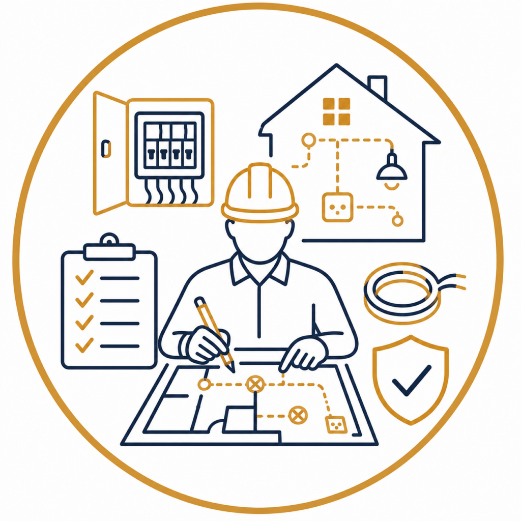 Minimalist vector icon of an electrician creating a house rewire plan with a wiring layout, floor plan, consumer unit, checklist, cable coil, and safety shield, representing professional rewire planning and electrical design.