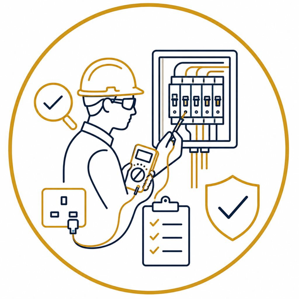 Minimalist vector icon of an electrician carrying out electrical testing and inspection using a multimeter on a consumer unit, with a UK socket, inspection checklist, magnifying glass, and safety shield with a checkmark, representing professional electrical testing and inspection services.