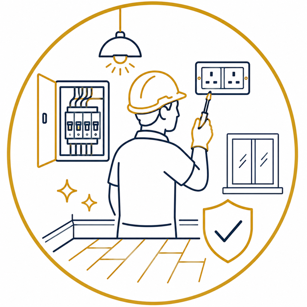 Minimalist vector icon of an electrician carrying out electrical finishing and reinstatement by fitting a UK double socket, completing final electrical work, restoring the surrounding area, and ensuring safety with a shield and checkmark, representing professional finishing and reinstatement services.