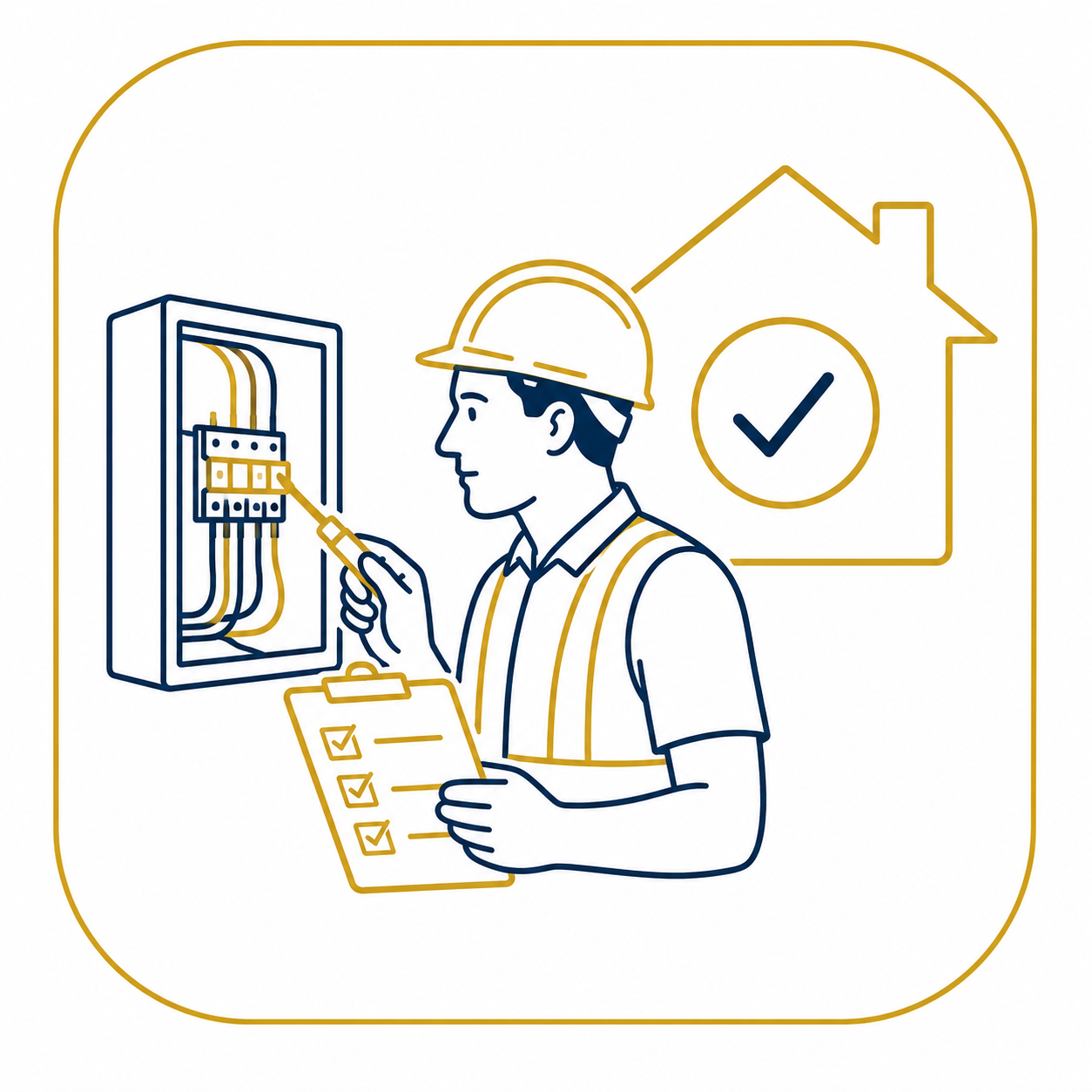 Registered Competent Person electrician inspecting electrical wiring with a checklist beside a house outline and checkmark, illustrated in minimalist gold and navy vector line art on a white background.