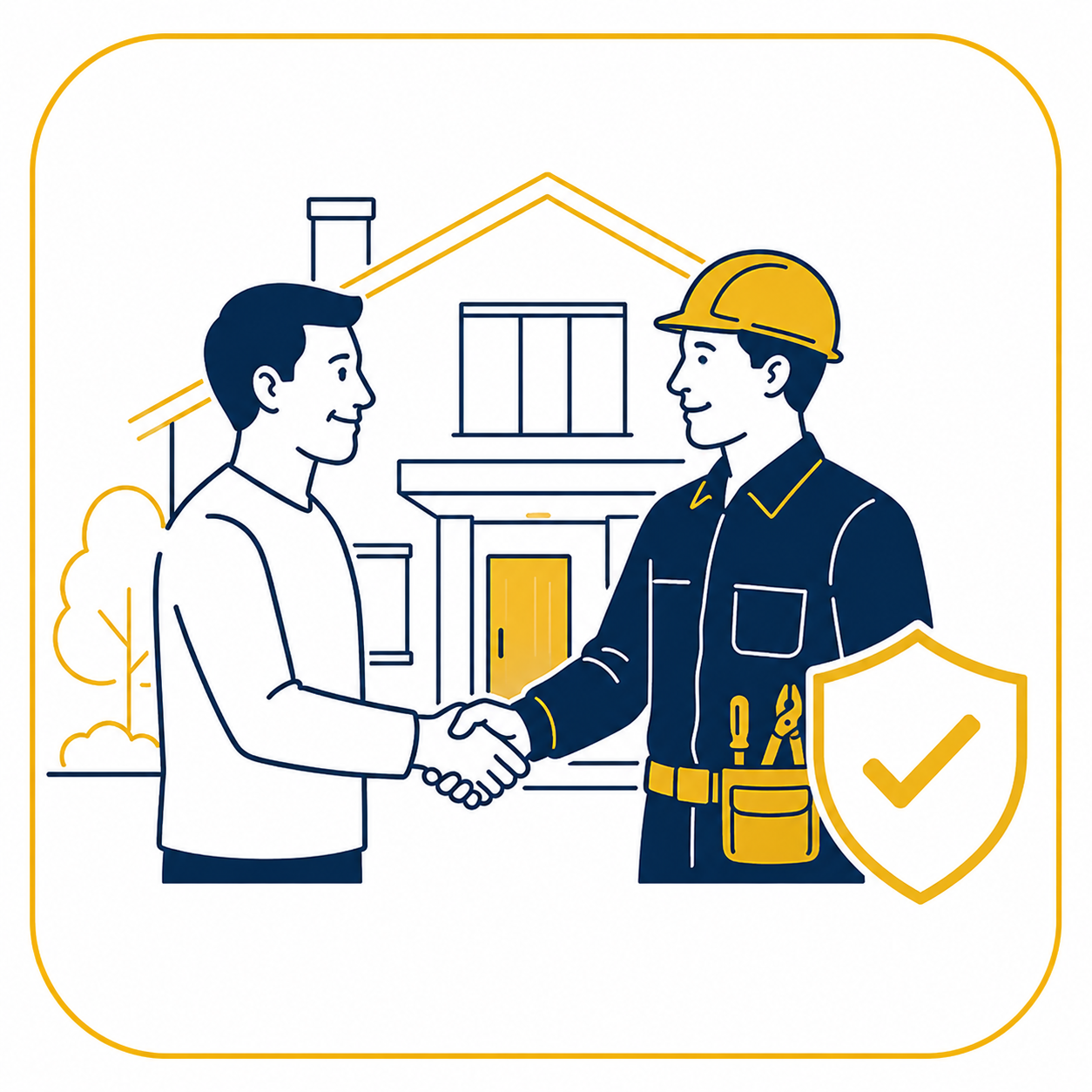 Minimalist vector icon of a homeowner shaking hands with a professional electrician in front of a house, with a safety shield and checkmark, representing trusted electrical services, customer satisfaction, and approved workmanship.