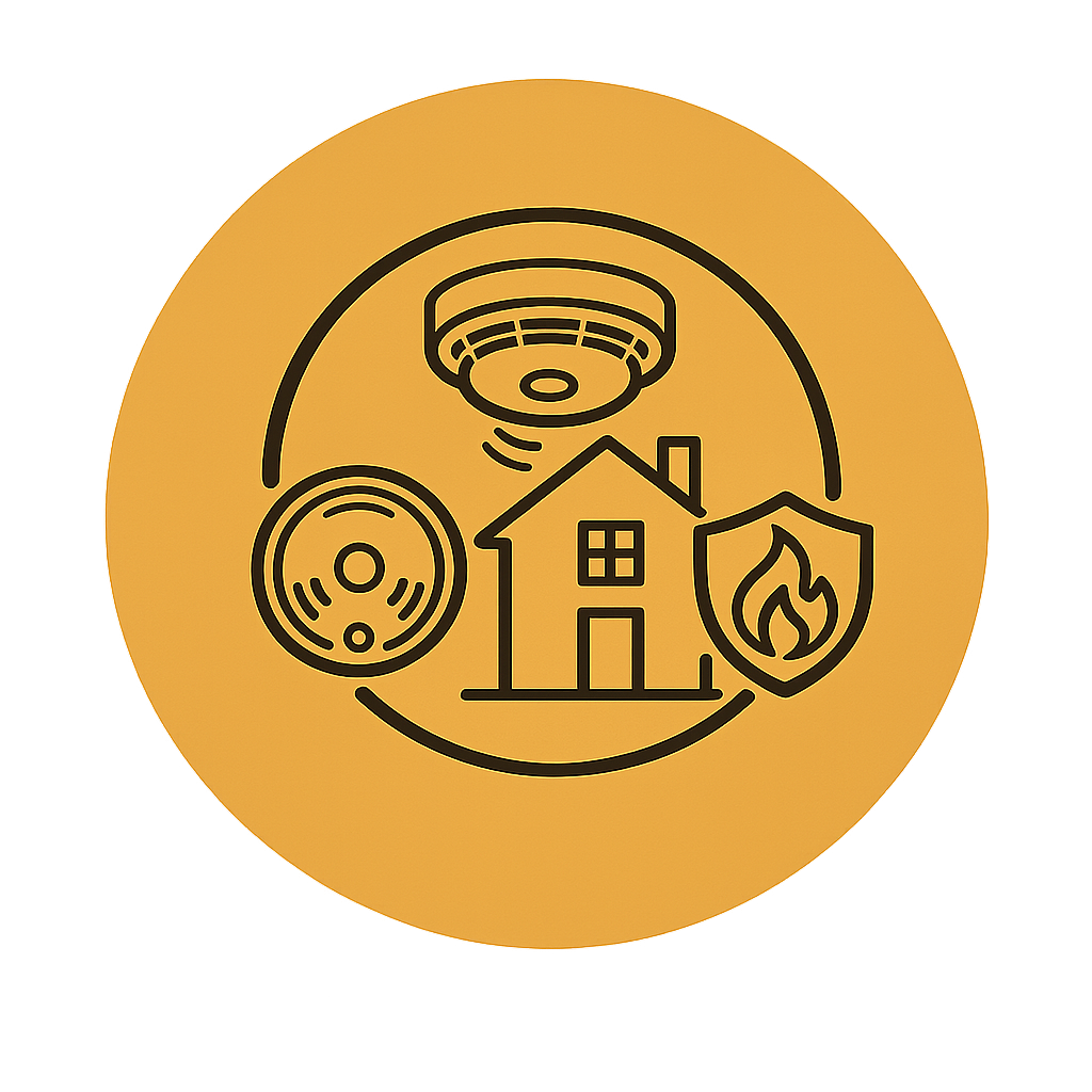 Smoke & Heat Alarm Installation Manchester icon featuring smoke and heat detectors, a house, and a fire safety shield representing compliant fire alarm installation and home electrical protection.
