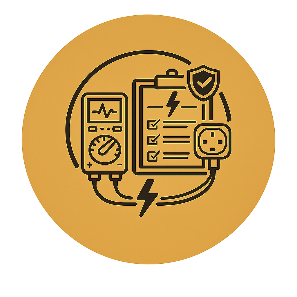 Electrical Safety Testing Manchester icon featuring a digital multimeter, safety checklist, UK socket, and shield representing EICR inspections, electrical testing, and compliance.