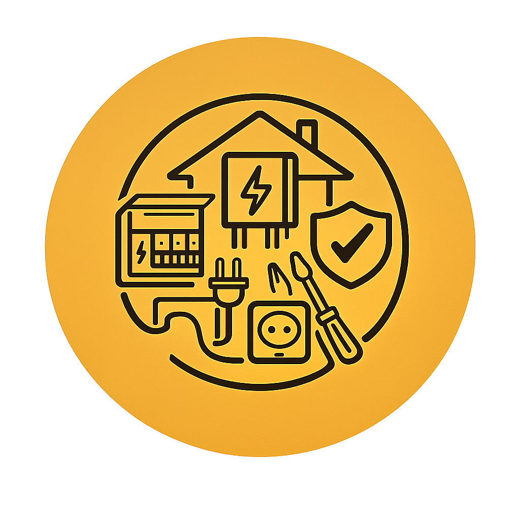 Electrical Upgrades & Compliance Manchester icon featuring a consumer unit, electrical panel, socket, plug, screwdriver, and safety shield representing compliant electrical upgrades and BS 7671 safety standards.