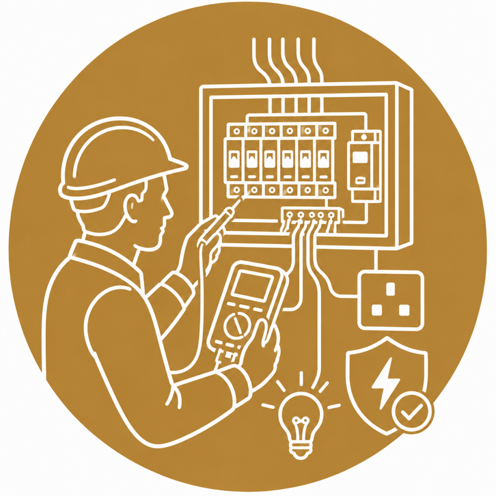 Circuit Testing icon showing a qualified electrician using a multimeter and test probes to inspect electrical circuits inside a modern consumer unit, with a socket, light bulb, and electrical safety shield in a minimalist white line vector design on a gold circular background with no text.
