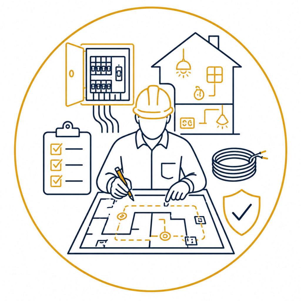 Book Your Inspection illustration showing a qualified electrician reviewing an electrical inspection plan with a clipboard, consumer unit, house wiring layout, cable coil, and safety shield in a premium navy and gold minimalist vector design on a white background with no text.