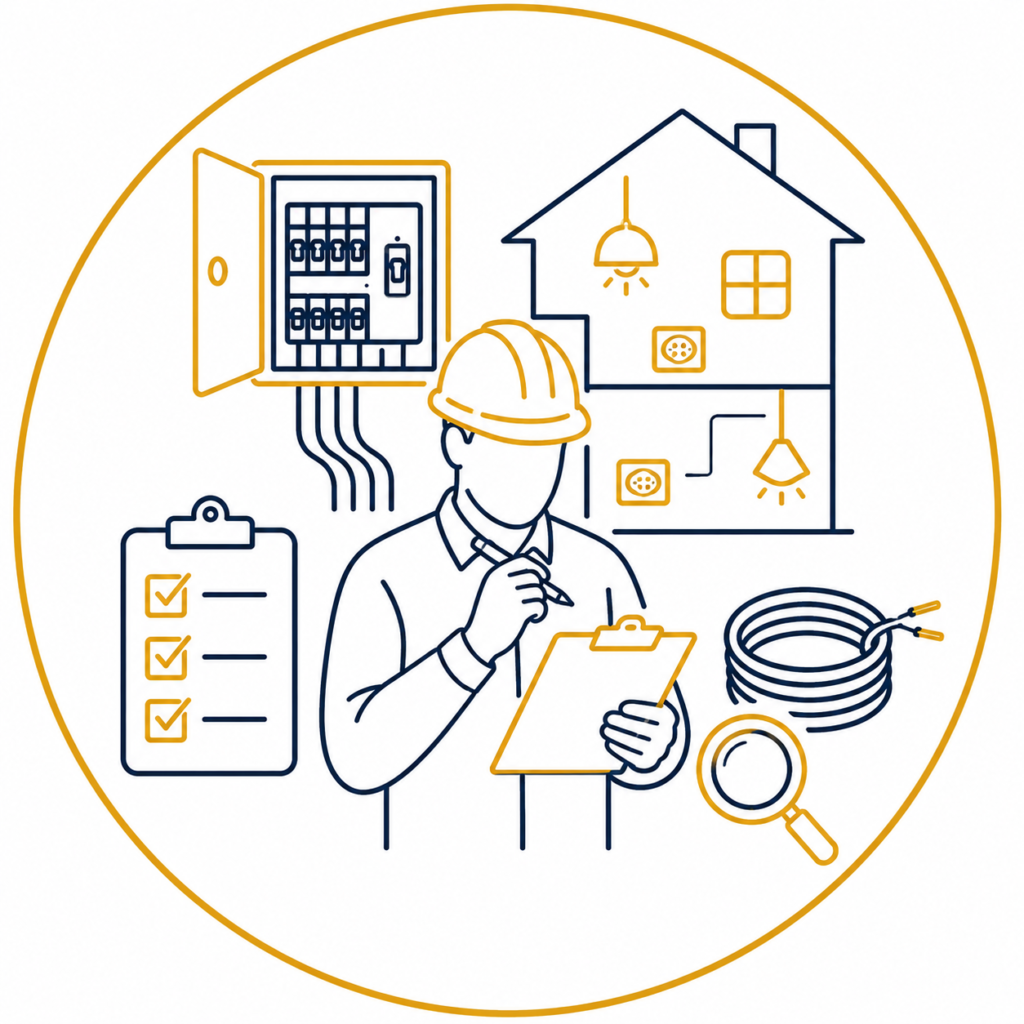 Initial Assessment illustration showing a qualified electrician reviewing an electrical inspection checklist with a clipboard beside a consumer unit, house wiring layout, cable coil, magnifying glass, and electrical safety elements in a premium navy and gold minimalist vector design on a white background with no text.