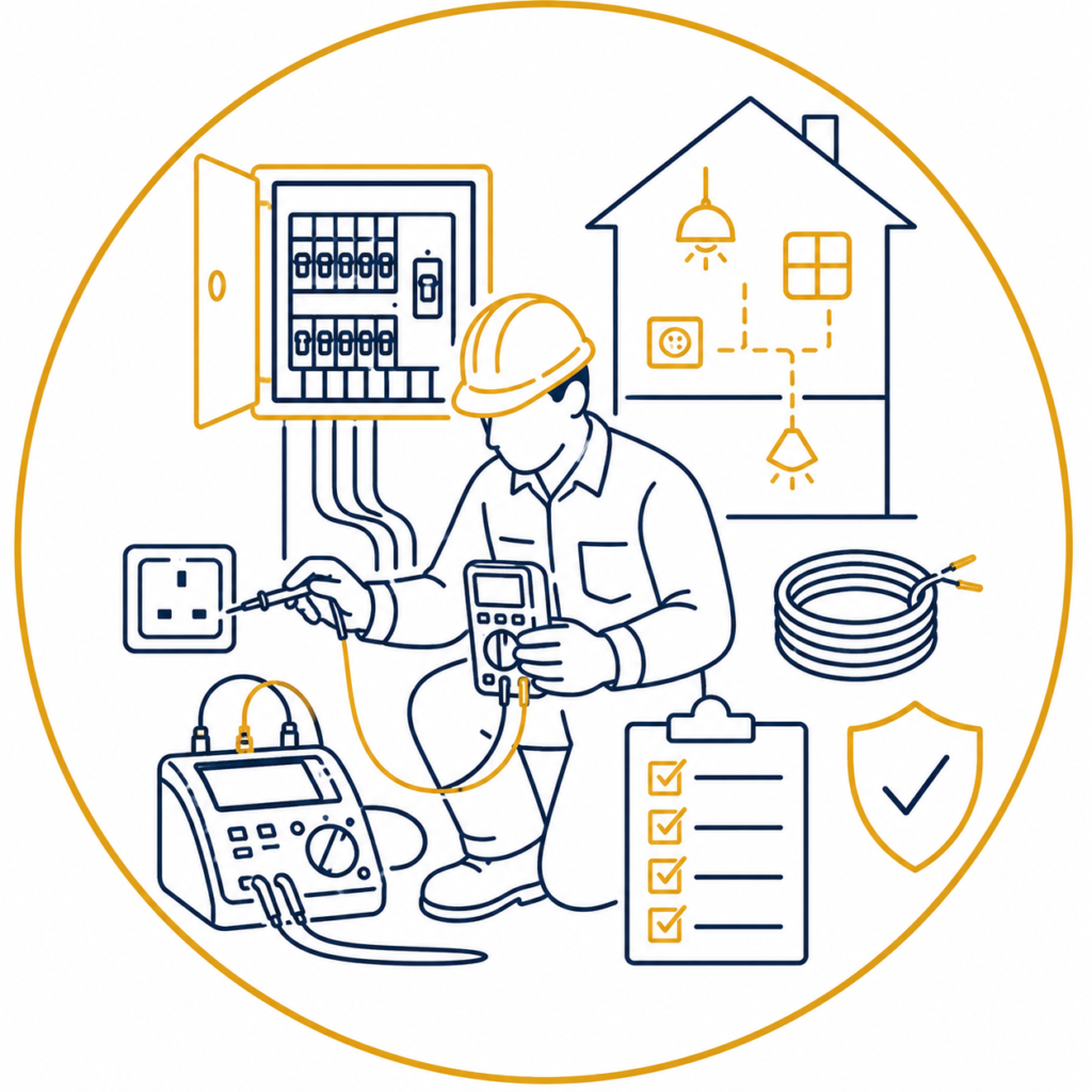 Comprehensive Safety Testing illustration showing a qualified electrician carrying out full electrical safety testing with a multimeter and testing equipment beside a consumer unit, house wiring layout, socket, inspection checklist, cable coil, and safety shield in a premium navy and gold minimalist vector design on a white background with no text.