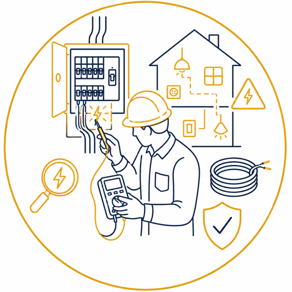 Fault Identification illustration showing a qualified electrician using a multimeter to locate an electrical fault inside a consumer unit, with a house wiring layout, warning symbol, magnifying glass, cable coil, and safety shield in a premium navy and gold minimalist vector design on a white background with no text.