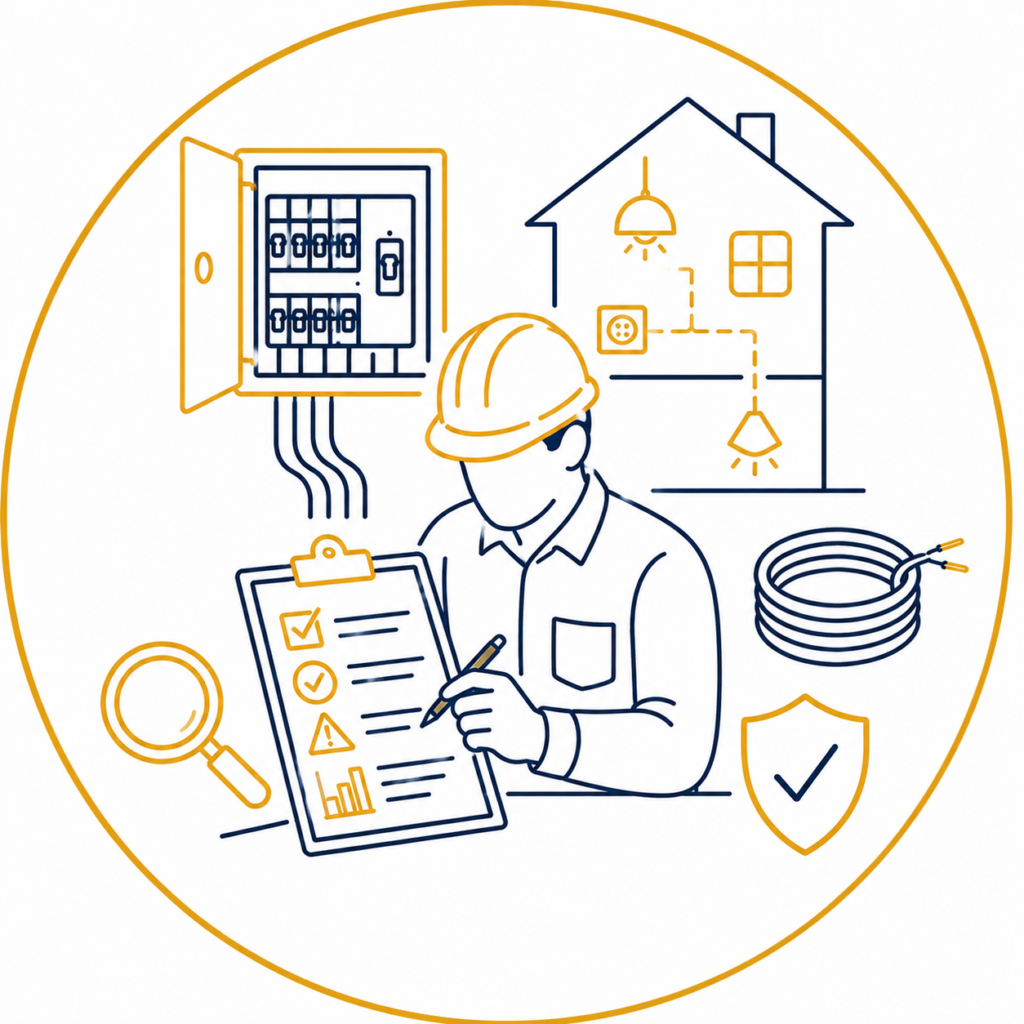 Detailed Report illustration showing a qualified electrician preparing a comprehensive electrical inspection report on a clipboard beside a modern consumer unit, house wiring layout, inspection checklist, magnifying glass, cable coil, and safety shield in a premium navy and gold minimalist vector design on a white background with no text.