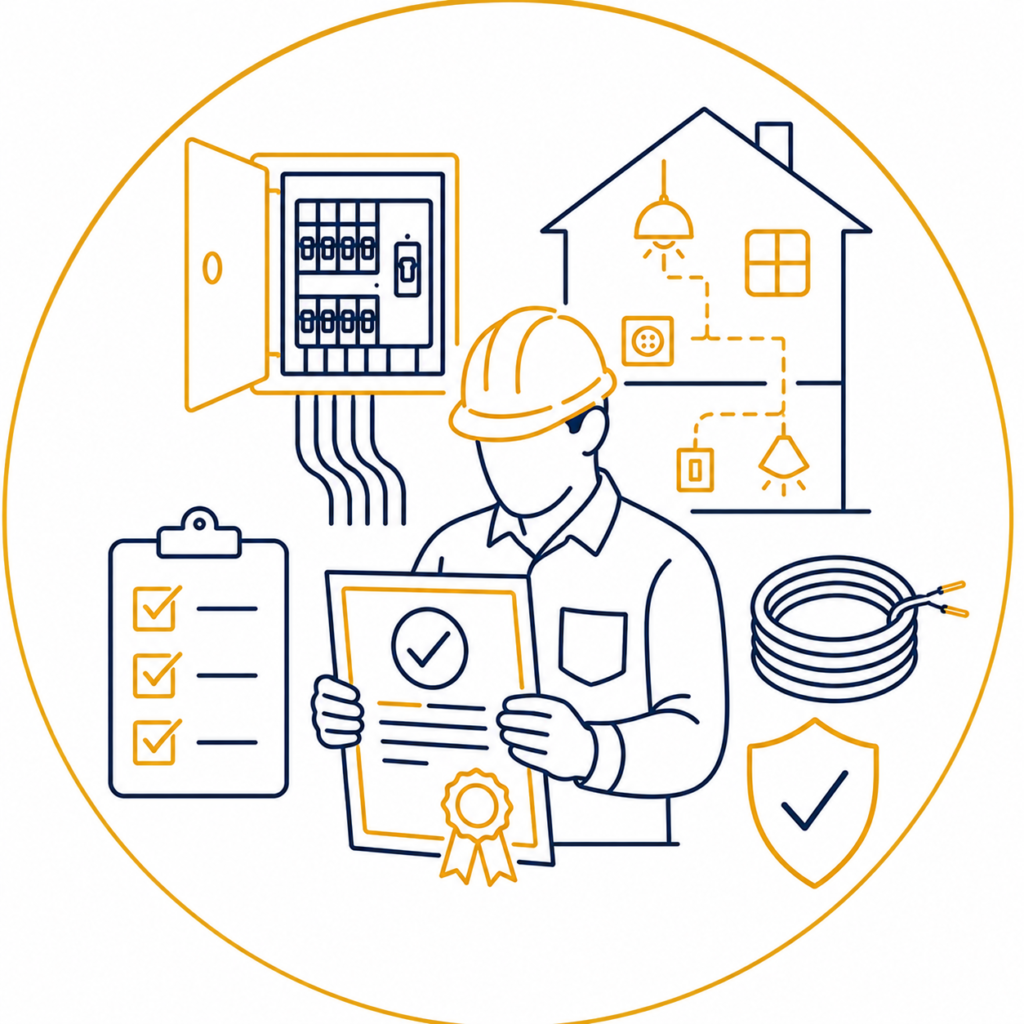 Certification & Compliance illustration showing a qualified electrician holding an electrical compliance certificate with an approval seal beside a modern consumer unit, house wiring layout, inspection checklist, cable coil, and safety shield in a premium navy and gold minimalist vector design on a white background with no text.