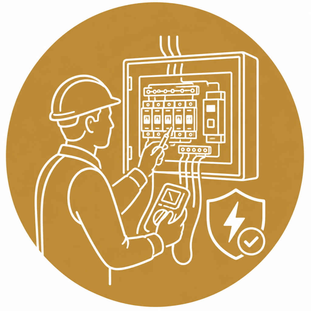 Electrical Safety Inspections icon showing a qualified electrician inspecting a modern consumer unit with a multimeter and test probe, alongside an electrical safety shield with a lightning bolt and check mark in a minimalist white line vector design on a gold circular background with no text.