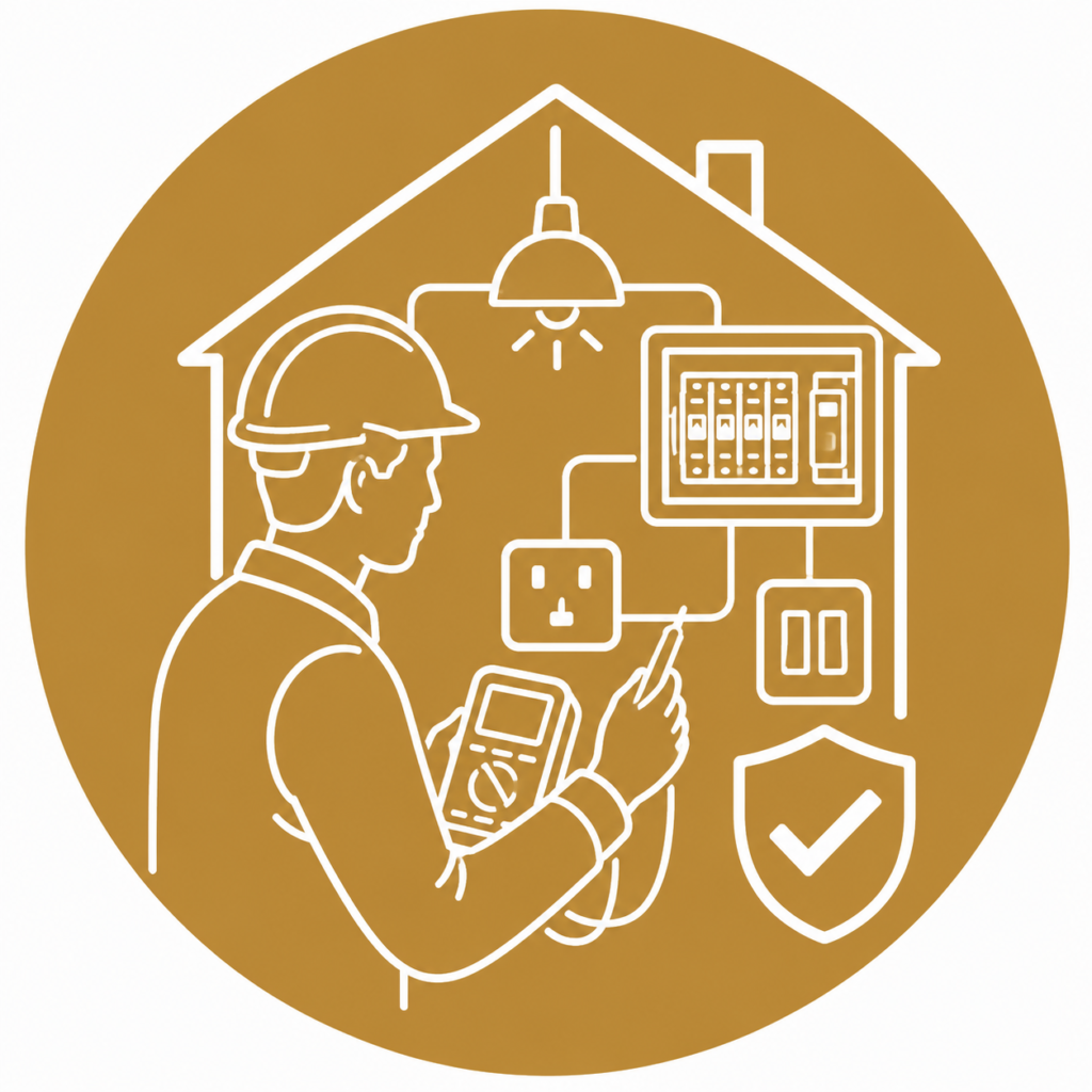 Domestic Safety Testing icon showing a qualified electrician using a multimeter to test domestic electrical circuits, sockets, switches, and a modern consumer unit inside a house outline, with a safety shield in a minimalist white line vector design on a gold circular background with no text.
