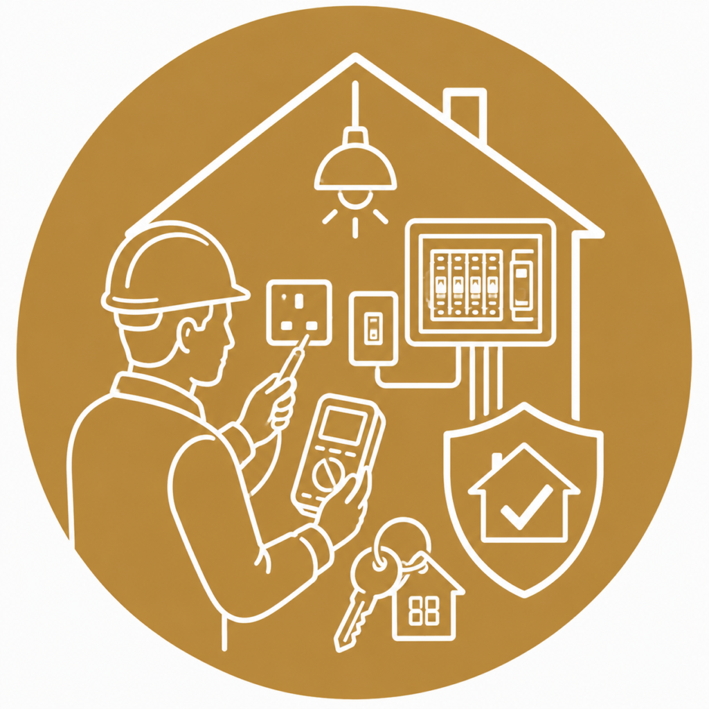 Landlord Safety Testing icon showing a qualified electrician using a multimeter to inspect sockets, switches, and a modern consumer unit inside a rental property, with a house key, safety shield, and house outline in a minimalist white line vector design on a gold circular background with no text.