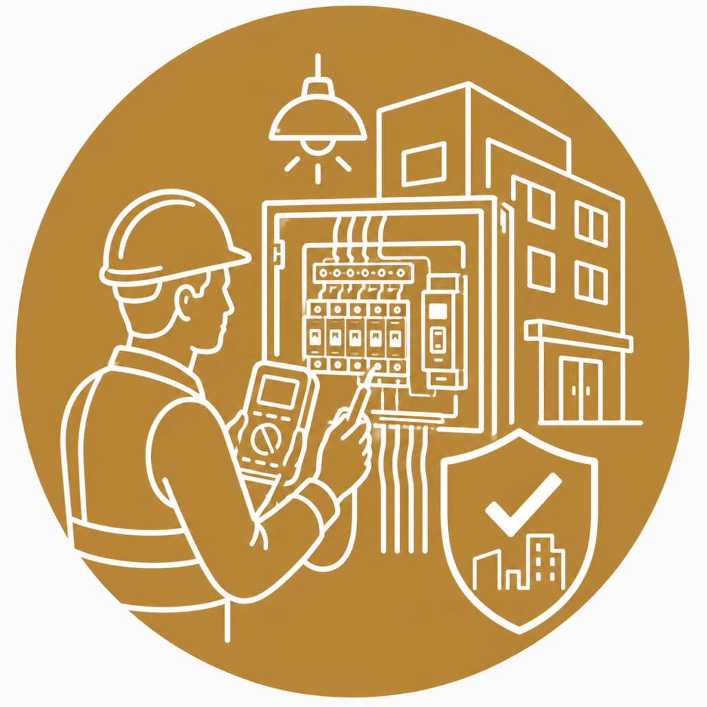 Commercial Safety Testing icon showing a qualified electrician using a multimeter to inspect a commercial distribution board and electrical installation inside a commercial building, with a safety shield and compliance symbol in a minimalist white line vector design on a gold circular background with no text.