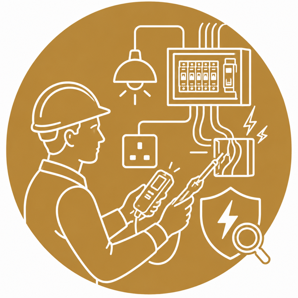Electrical Fault Finding icon showing a qualified electrician using a multimeter and test probe to diagnose an electrical fault in wiring and a consumer unit, with fault indicators, a magnifying glass, and a safety shield in a minimalist white line vector design on a gold circular background with no text.