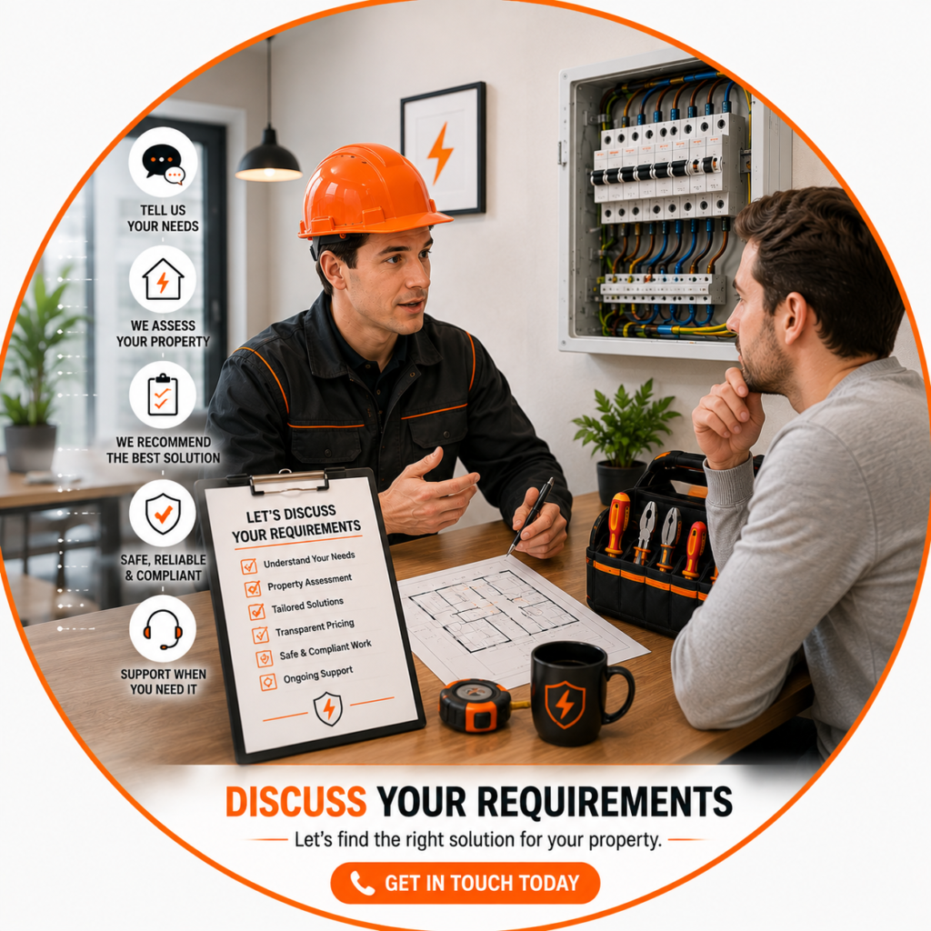 Electrician discussing a property's electrical requirements and fuse box assessment with a homeowner.