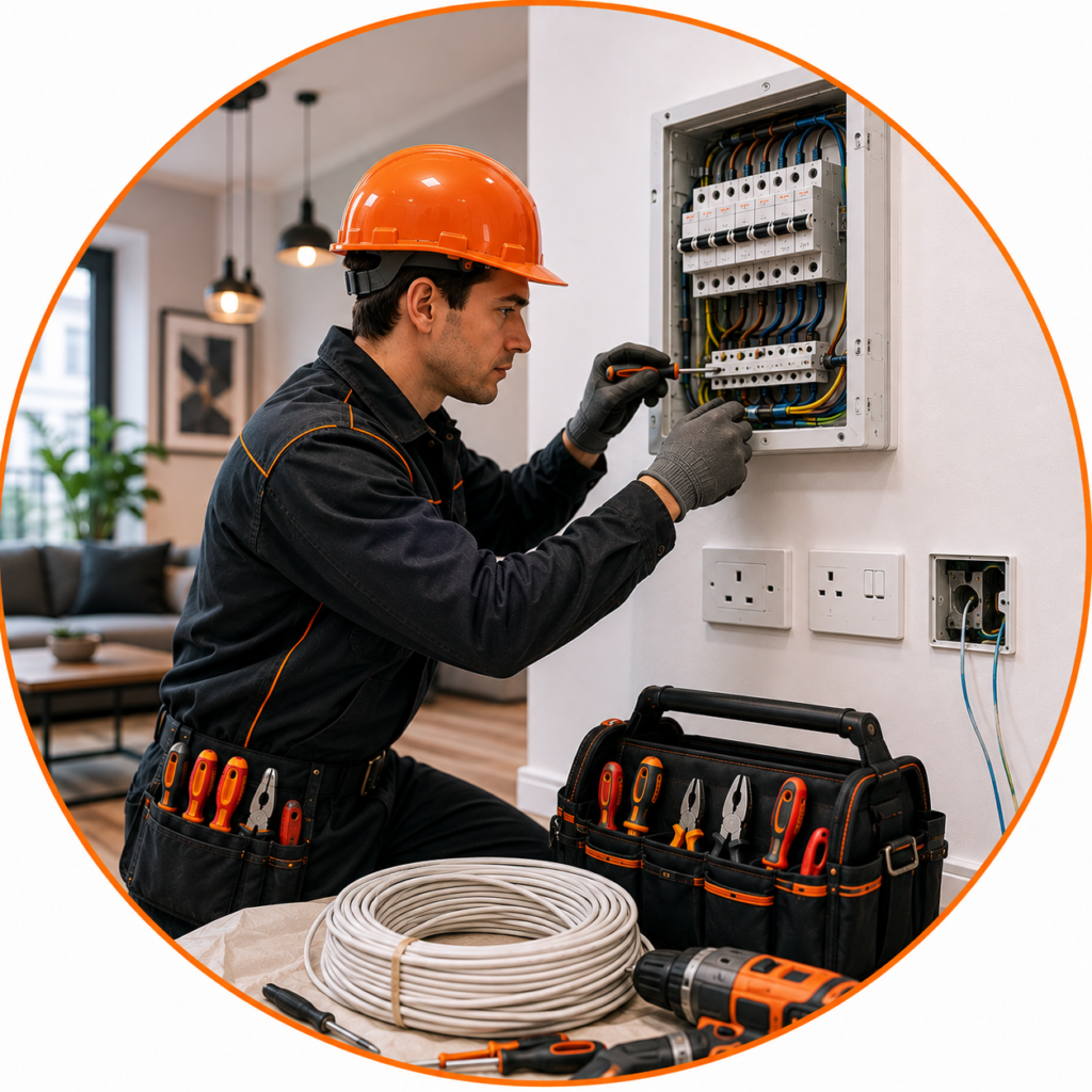 Electrician inspecting electrical wiring and components requiring further assessment.