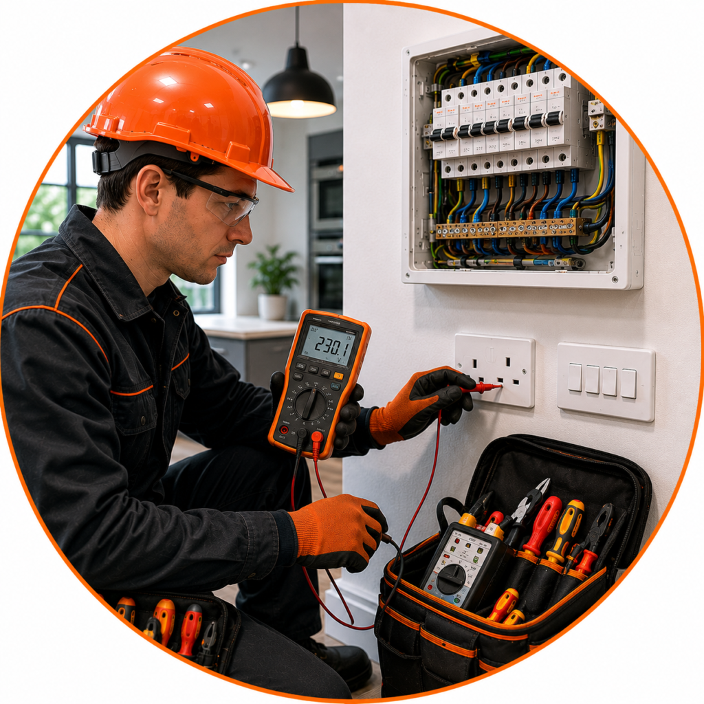 Electrician testing electrical circuits and components to identify potential faults.