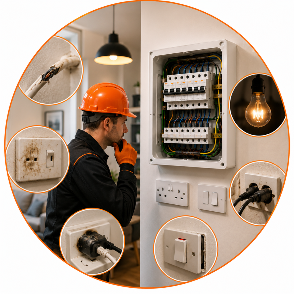 Electrician examining electrical equipment and identifying potential fuse box concerns.
