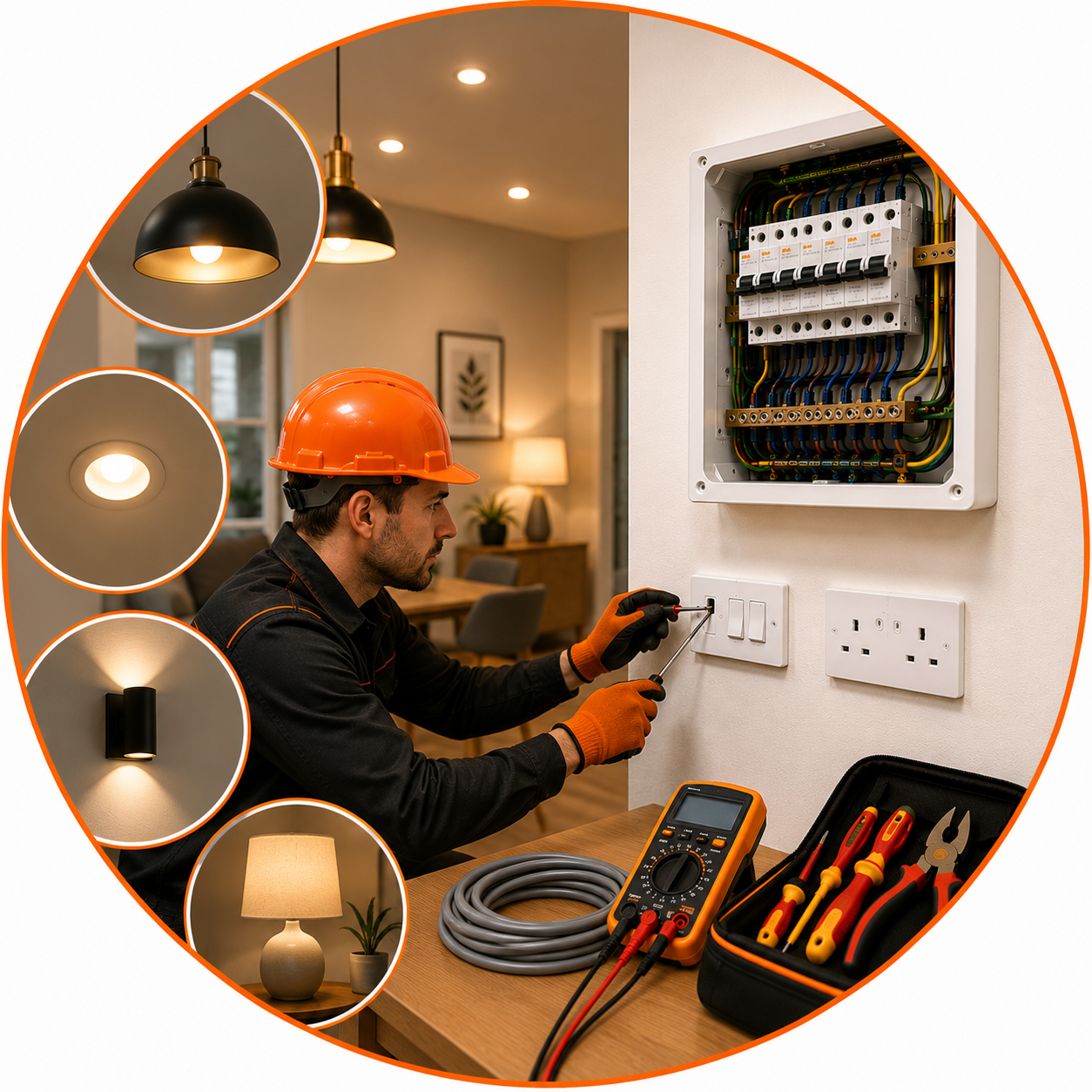 Flickering Lights Manchester electrician inspecting home lighting circuit and electrical fittings.