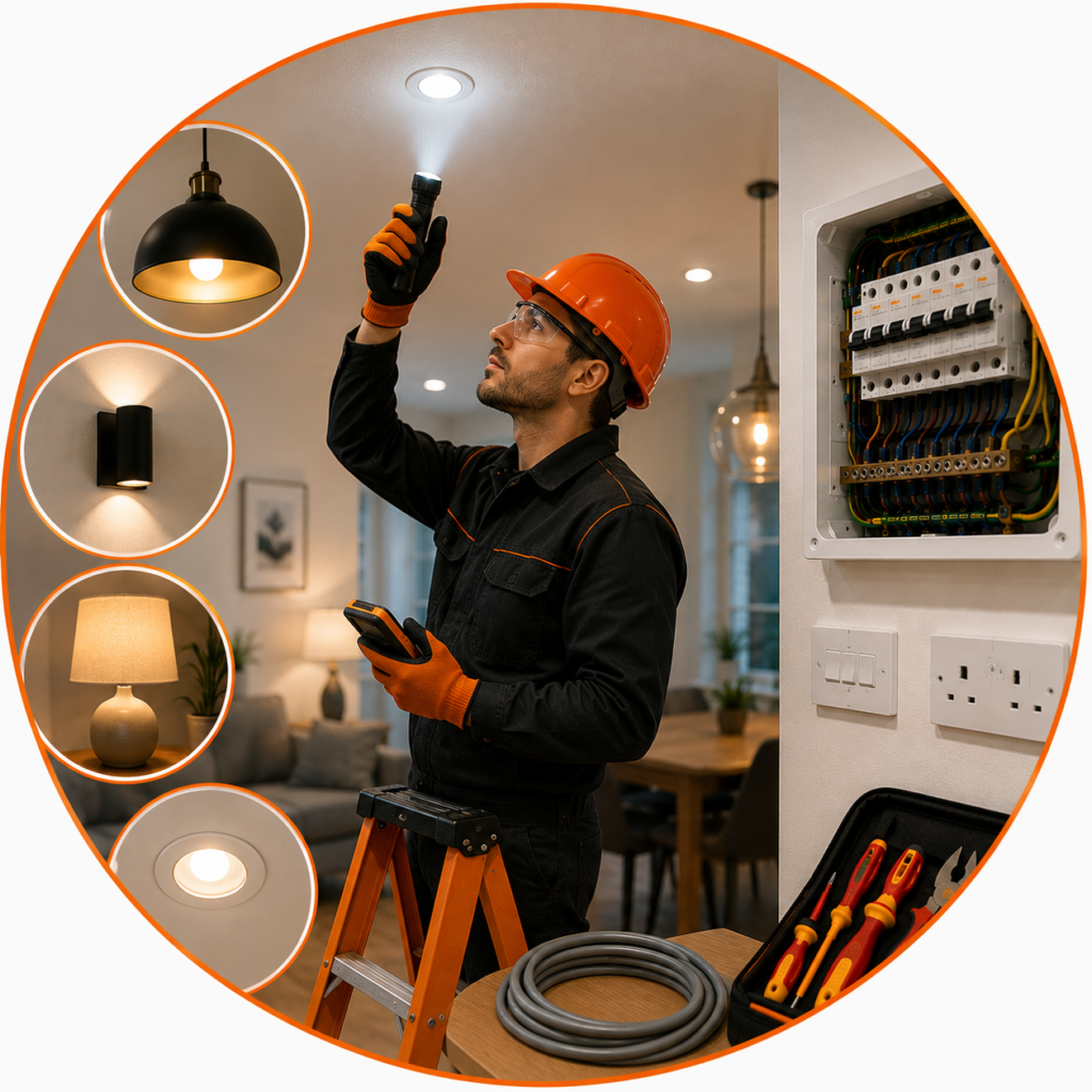 Flickering Lights Manchester electrician inspecting home lighting circuits and fittings.