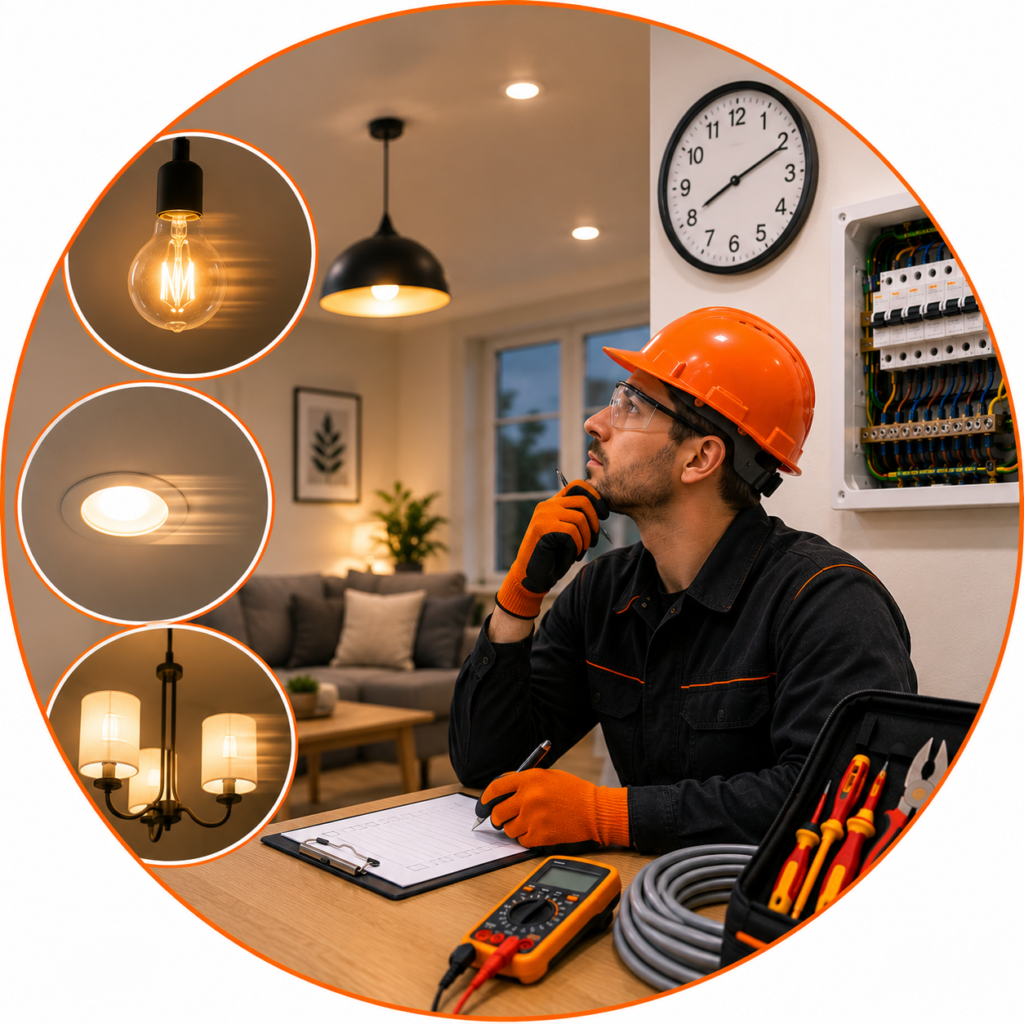 Electrician discussing lighting issues and electrical requirements with a homeowner.
