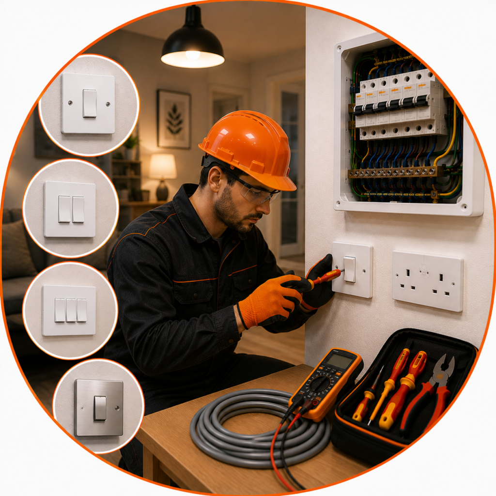 : Outdated Fuse Box Manchester electrician inspecting an older fuse box and surrounding components.