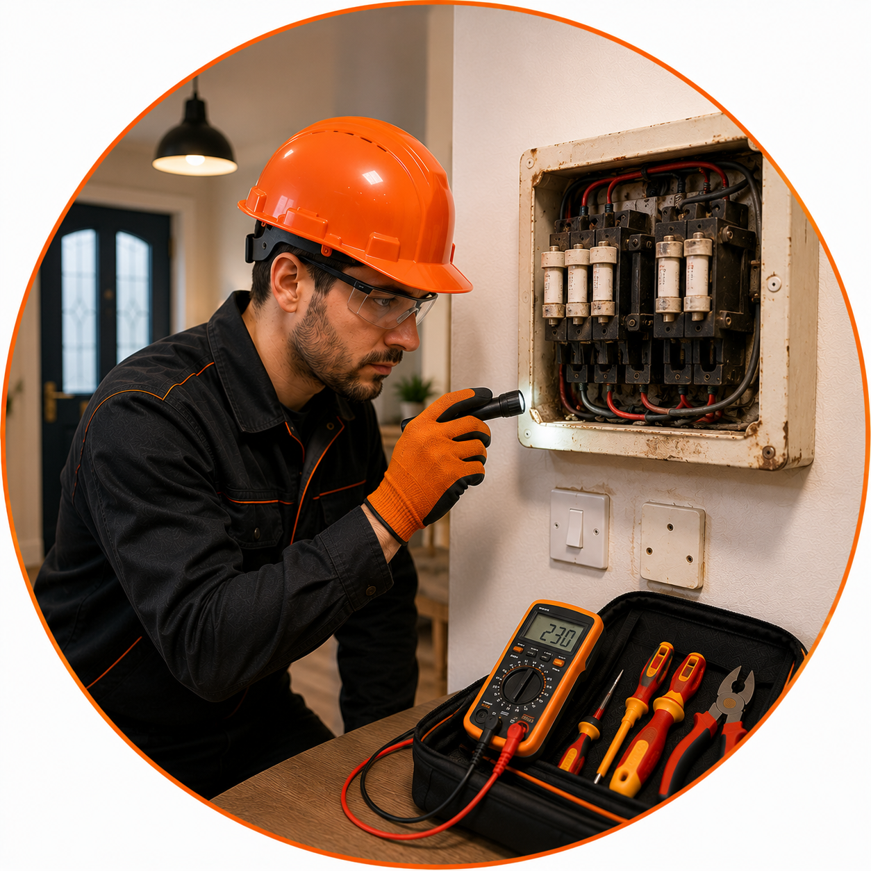 Outdated Fuse Box Manchester electrician inspecting an older fuse box and electrical wiring.