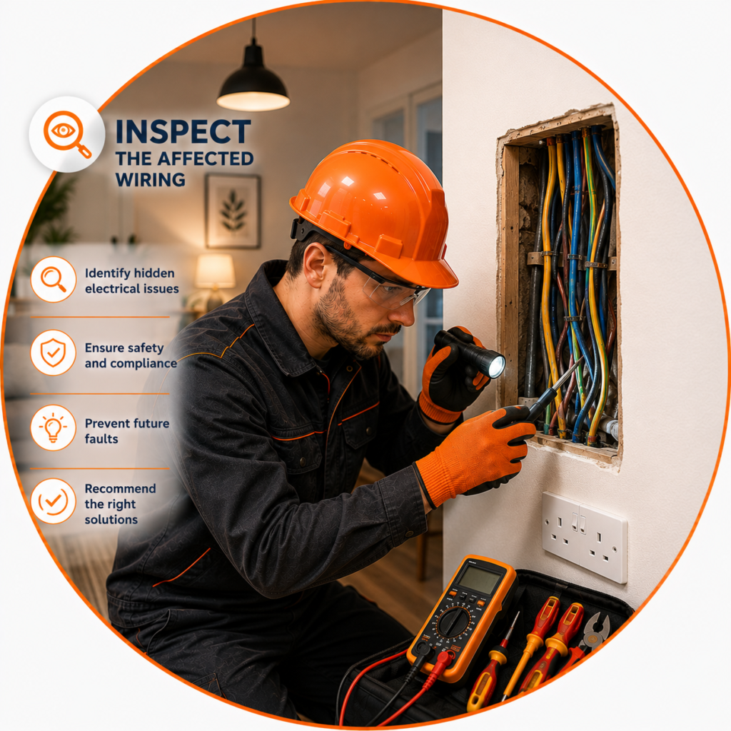 Damaged Electrical Wiring Manchester electrician inspecting accessible wiring and electrical components.